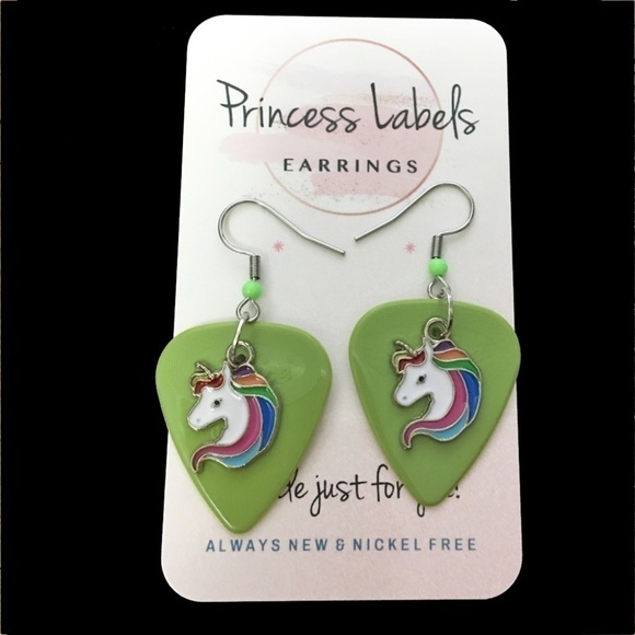 HAND Crafted Drop Earrings Unicorns Repurposed Guitar Picks Lime Green - Picture 4 of 6